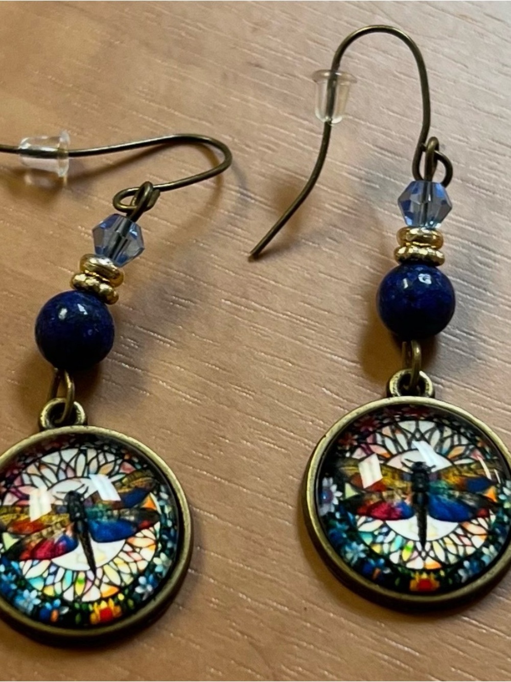Artistic Blue Dragonfly Dangle Earrings - Vintage Gold Tone